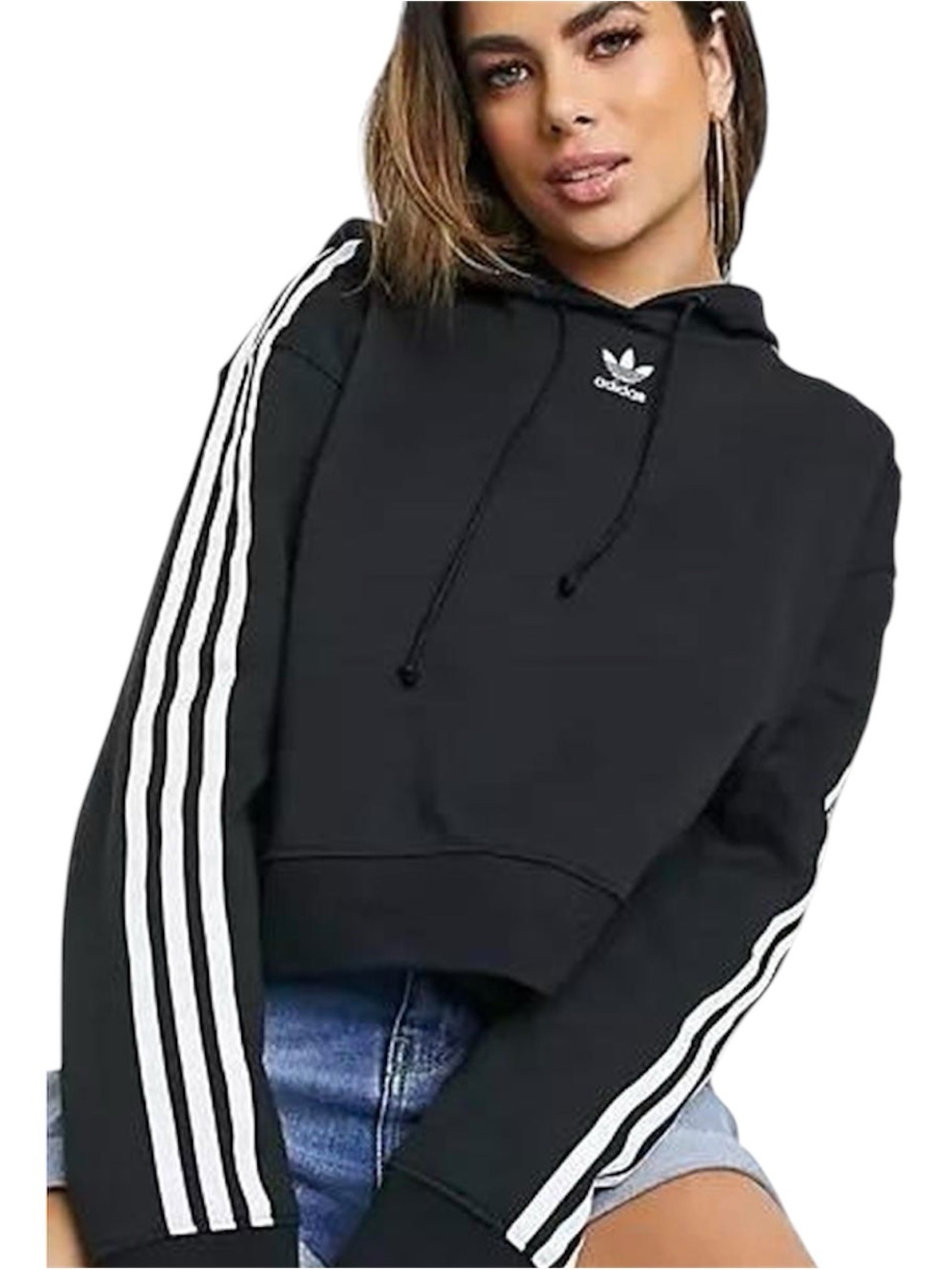 adidas Originals Black Cropped Hoodie 3-Stripe Size Small Excellent